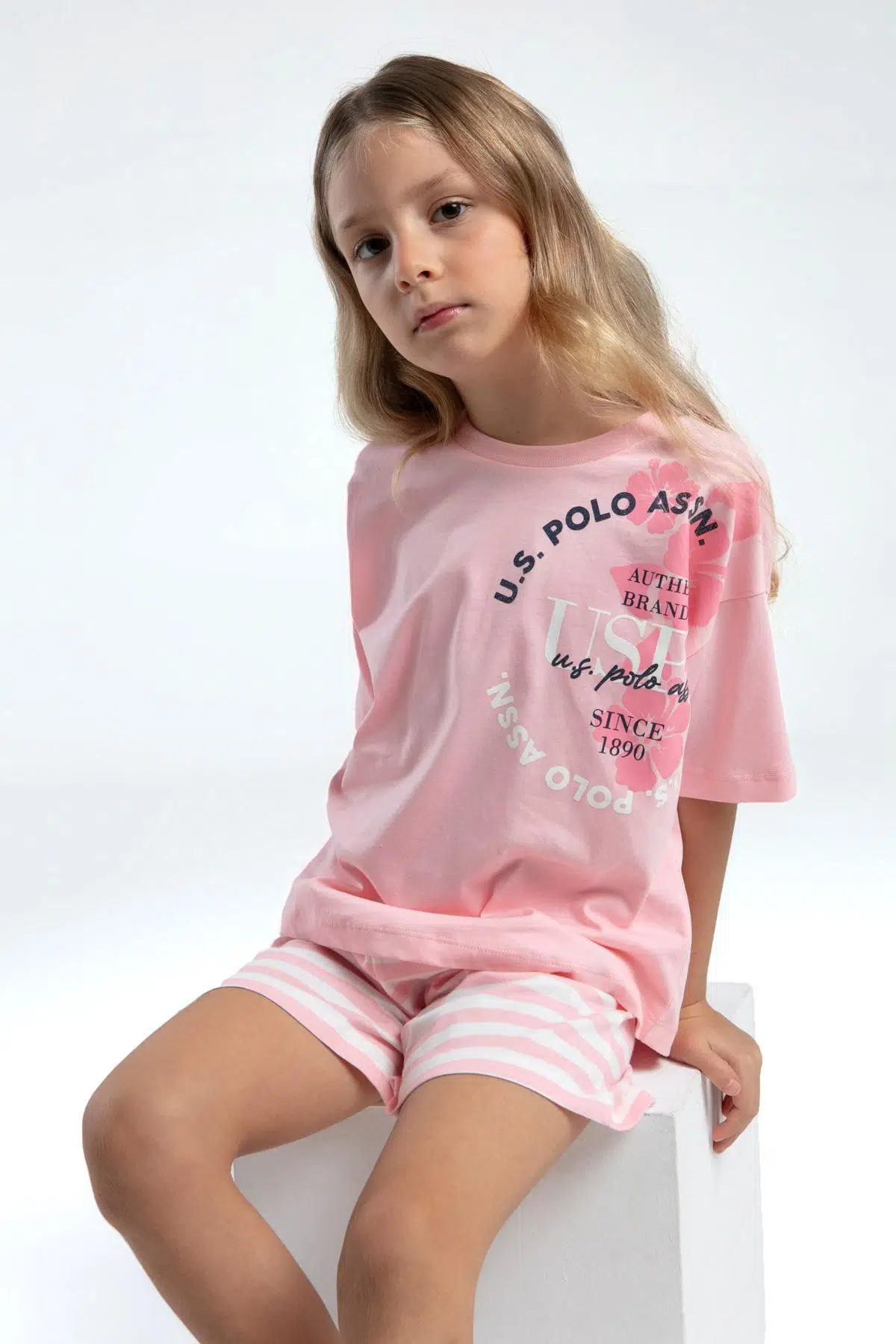 U.S. Polo Assn. 2073 Garson Kız Çocuk Bisiklet Yaka Kısa Kollu Çizgili Şort Pijama Takım - SOMON