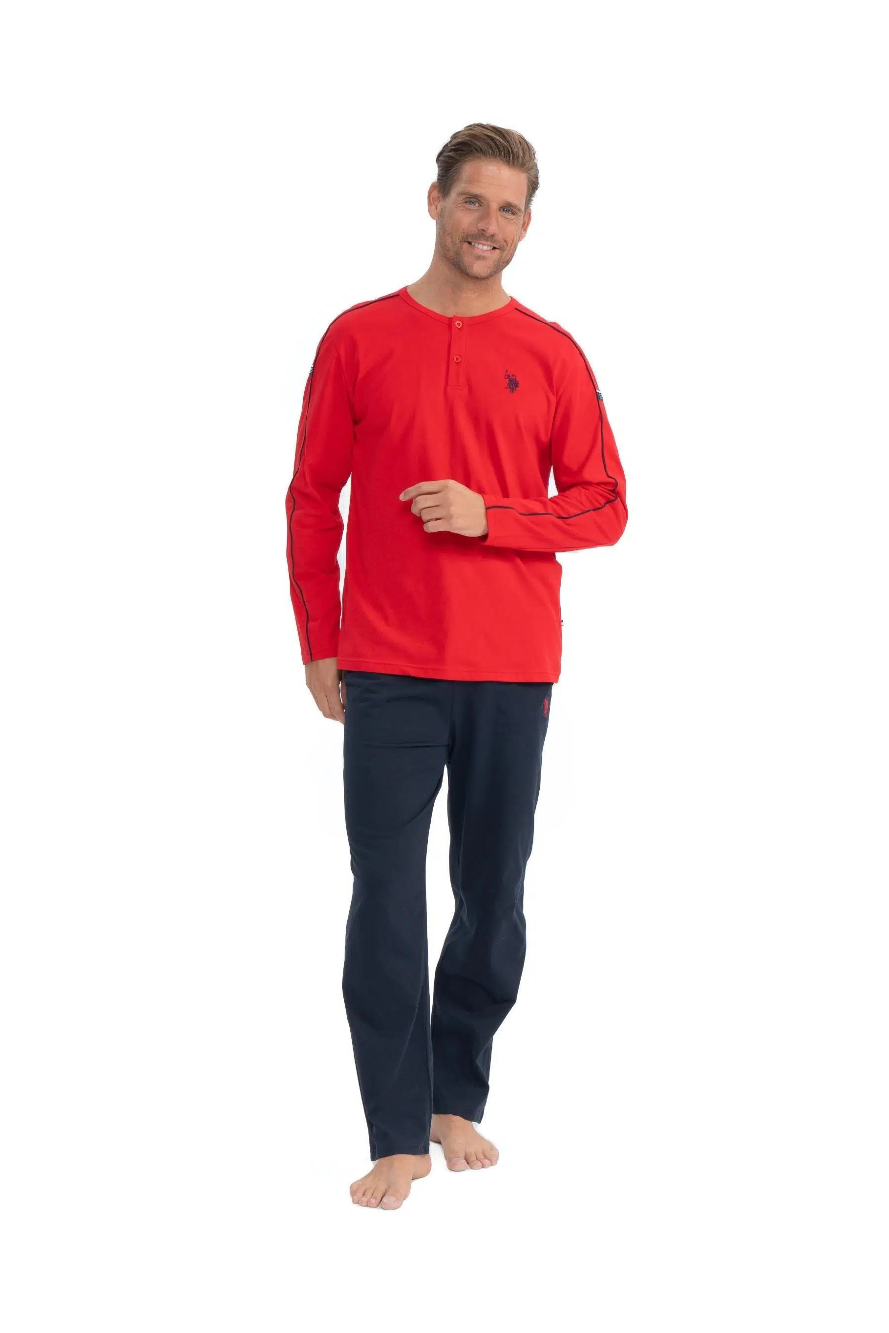 U.S. Polo Assn. Erkek Kırmızı Patlı Düğmeli Şeritli Uzun Kol Pijama Takım - KIRMIZI