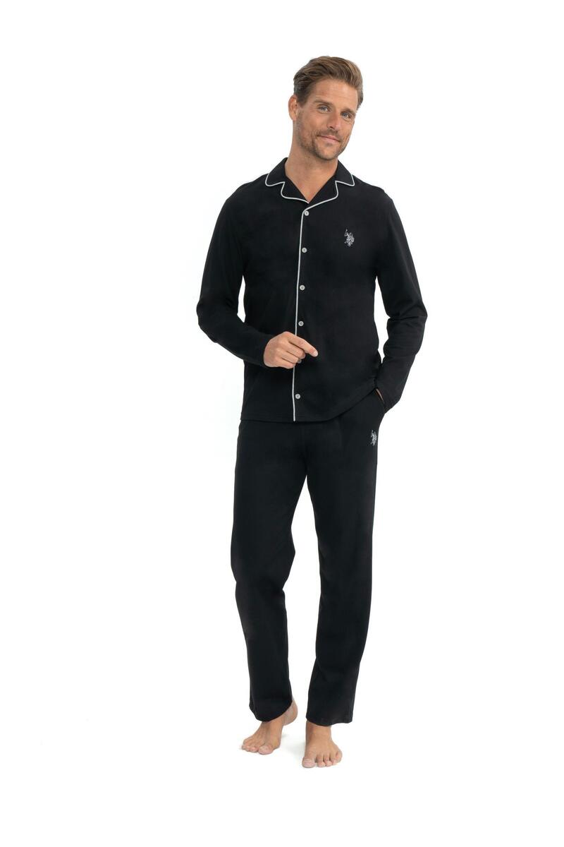U.S. Polo Assn. Erkek Patlı Boydan Düğmeli Uzun Kol Kutulu Pijama Takımı - SİYAH