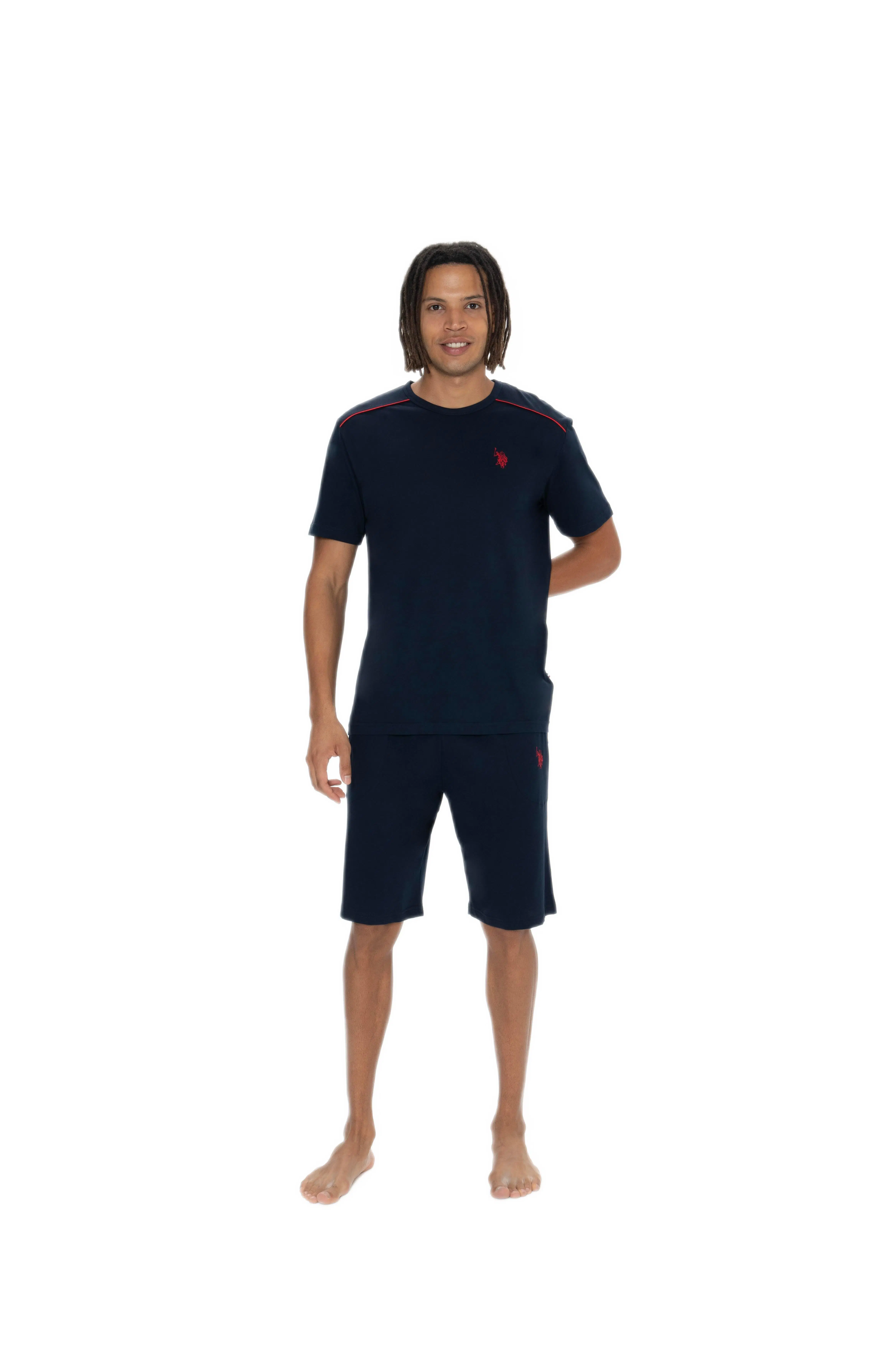 U.S. Polo Assn. Erkek Yuvarlak Yaka Kısa Kol Şortlu Çizgili 3'lü Pijama Takım - LACİVERT