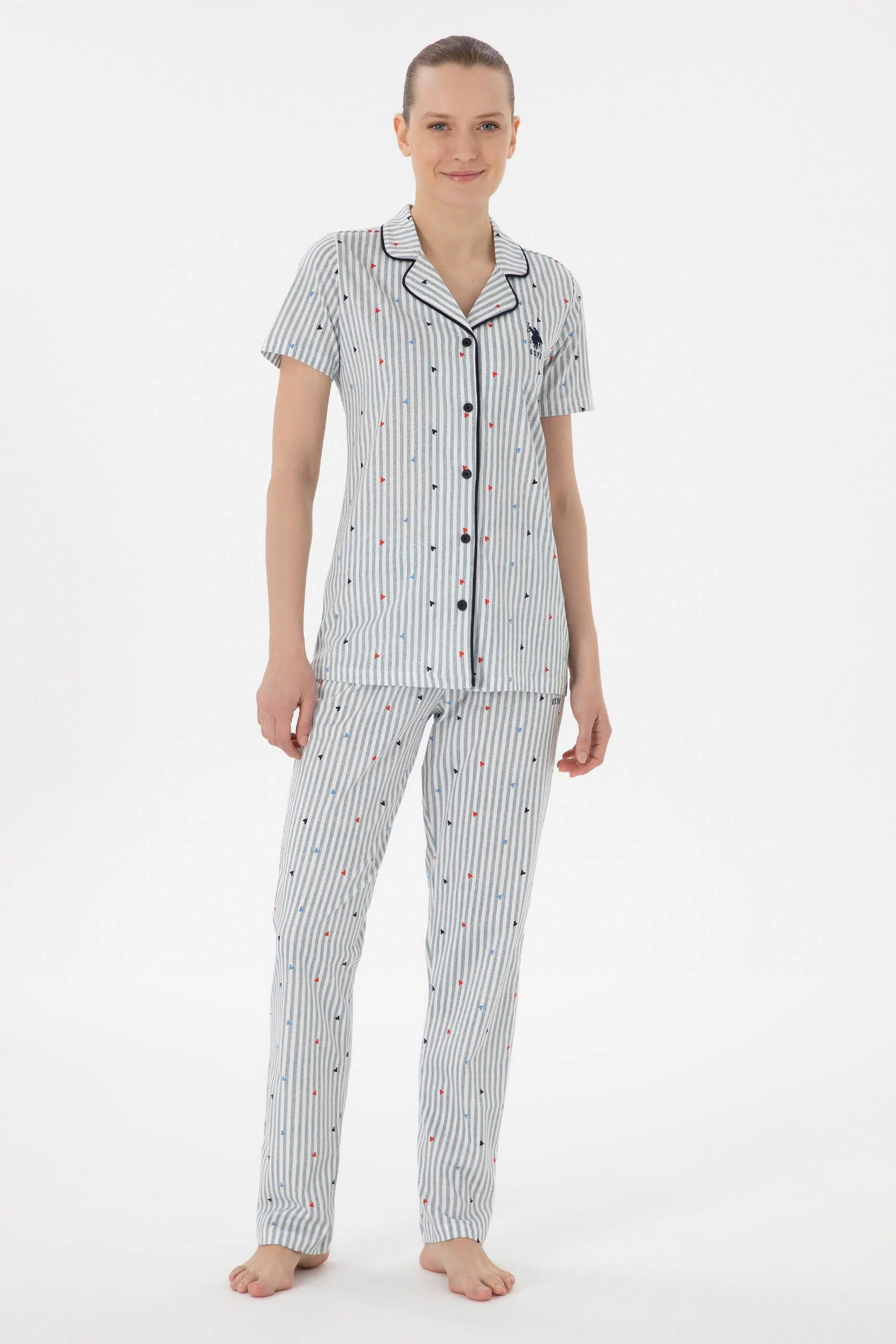 U.S. Polo Assn. Kadın Önden Düğmeli Boydan Patlı Kısa Kol Pijama Takım - LACİVERT