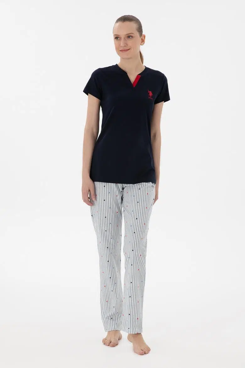 U.S. Polo Assn. Kadın V Yaka Yarım Kollu Patlı Çizgili Pijama Takım