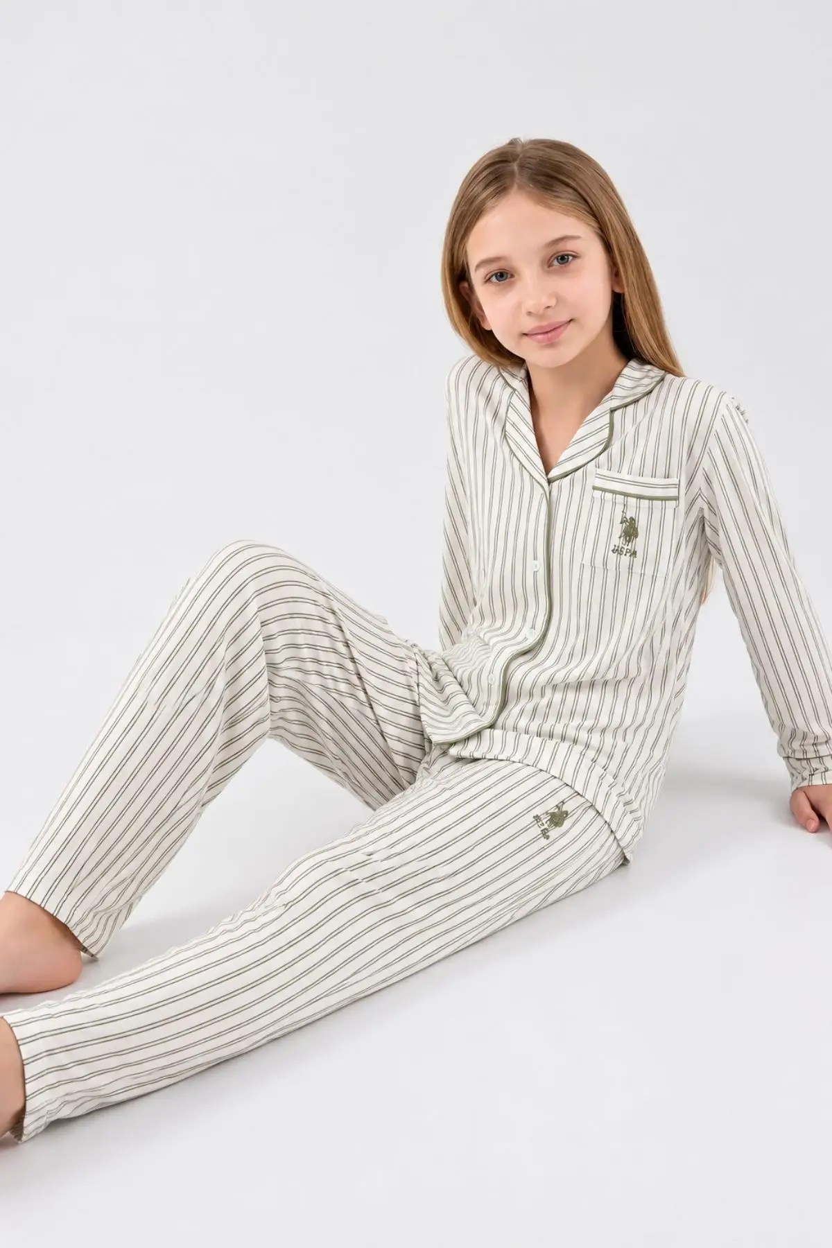 U.S. Polo Assn. Kız Çocuk Modal Pamuklu Kışlık Önden Düğmeli Uzun Kol Regular Fit Pijama Takım