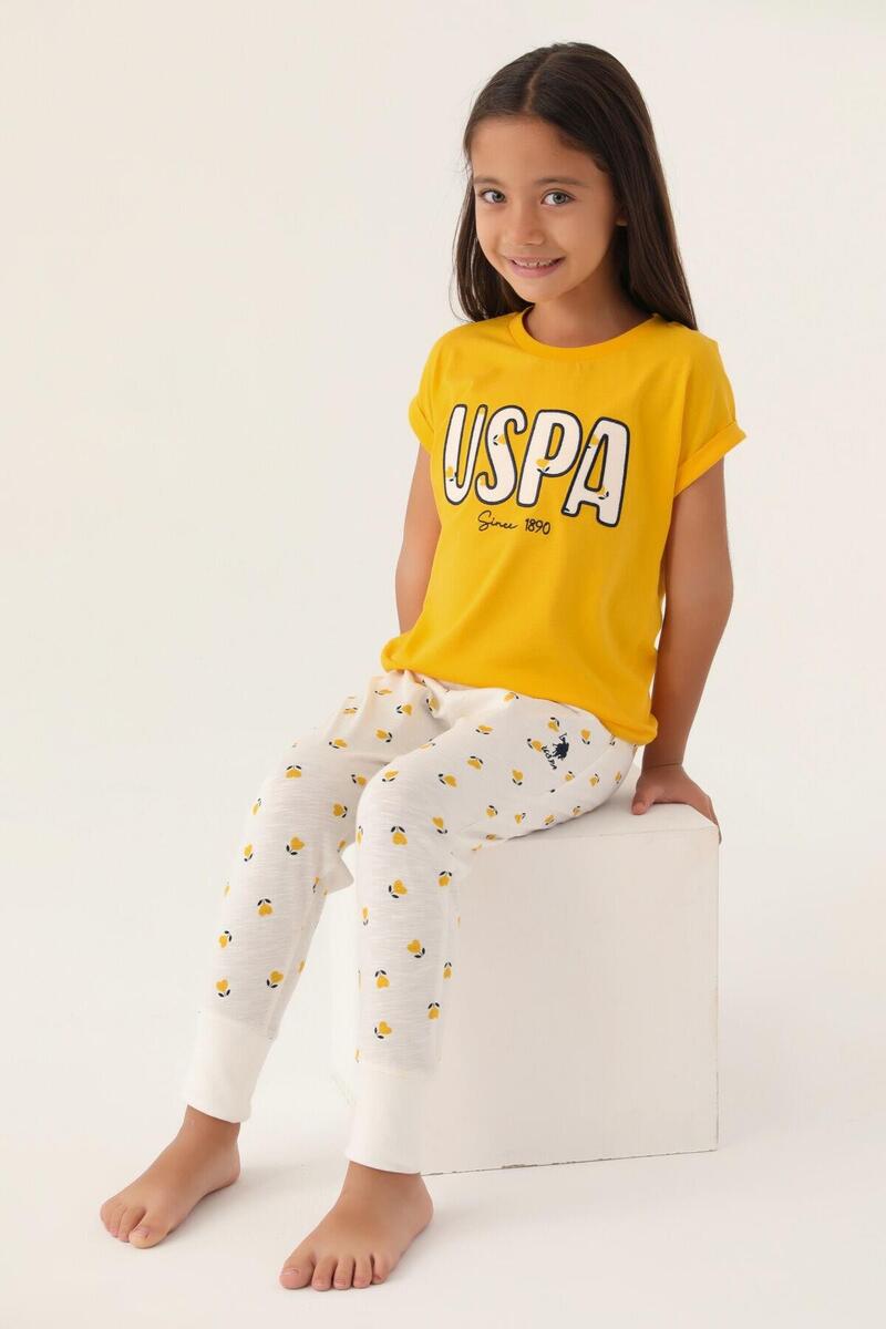 U.S. Polo Assn. 1834 Garson Lisanslı Text Printed Kız Çocuk Pijama Takımı - SARI