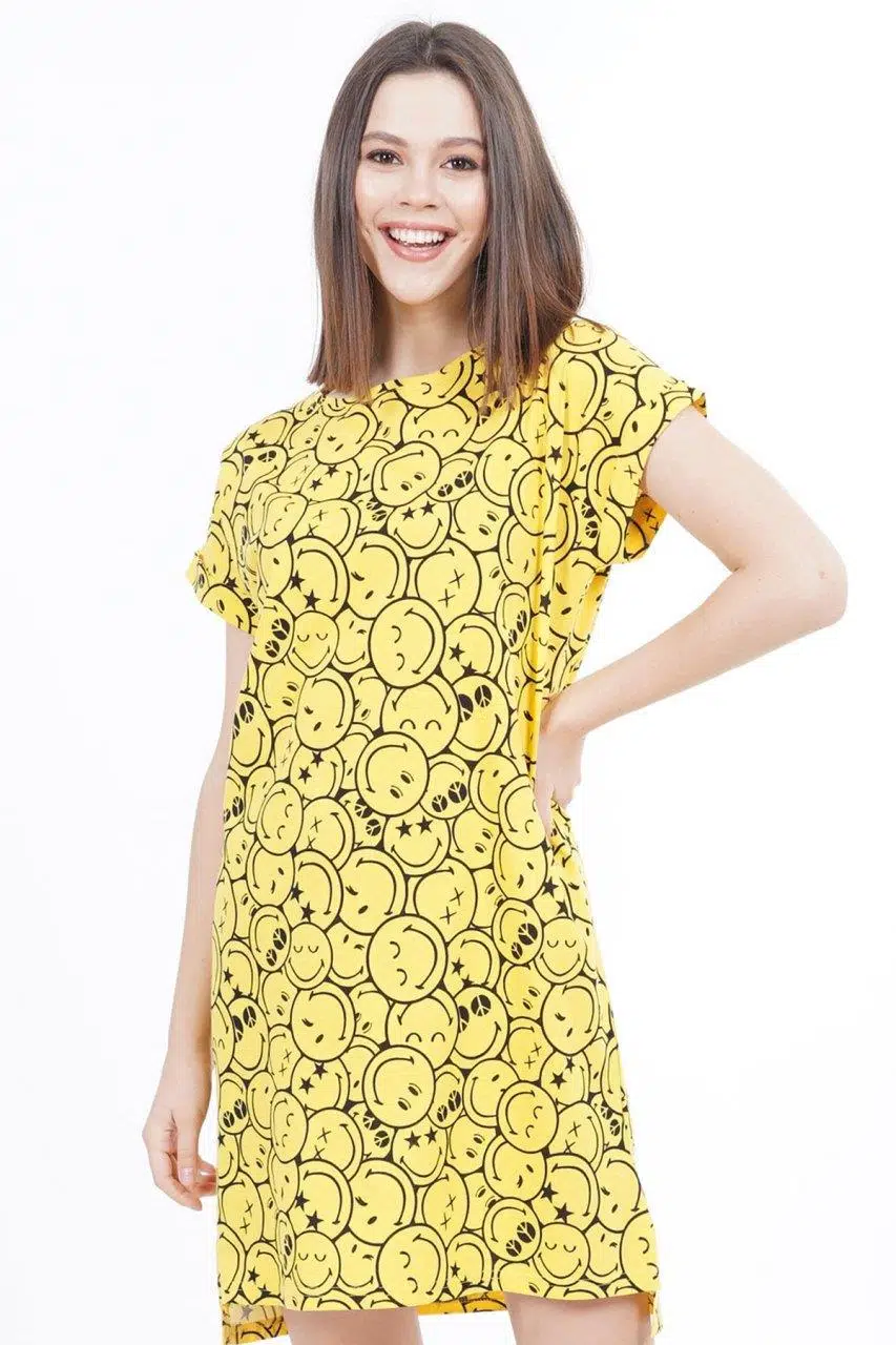 Vienetta 1021 Kadın Pamuklu Düşük Omuzlu Kısa Kol Yırtmaclı Gecelik - SARI