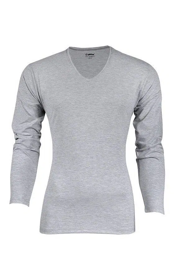 Yıldız 352 Gri Likralı V Yaka Uzun Kollu Erkek Body T-Shirt - GRİ