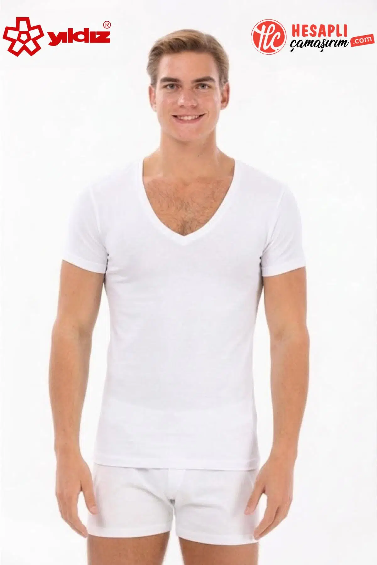 Yıldız 355 Premium Erkek Beyaz Rahat Kalıp Derin V Yaka Kısa Kollu Mevsimlik Atlet/Fanila/Tshirt