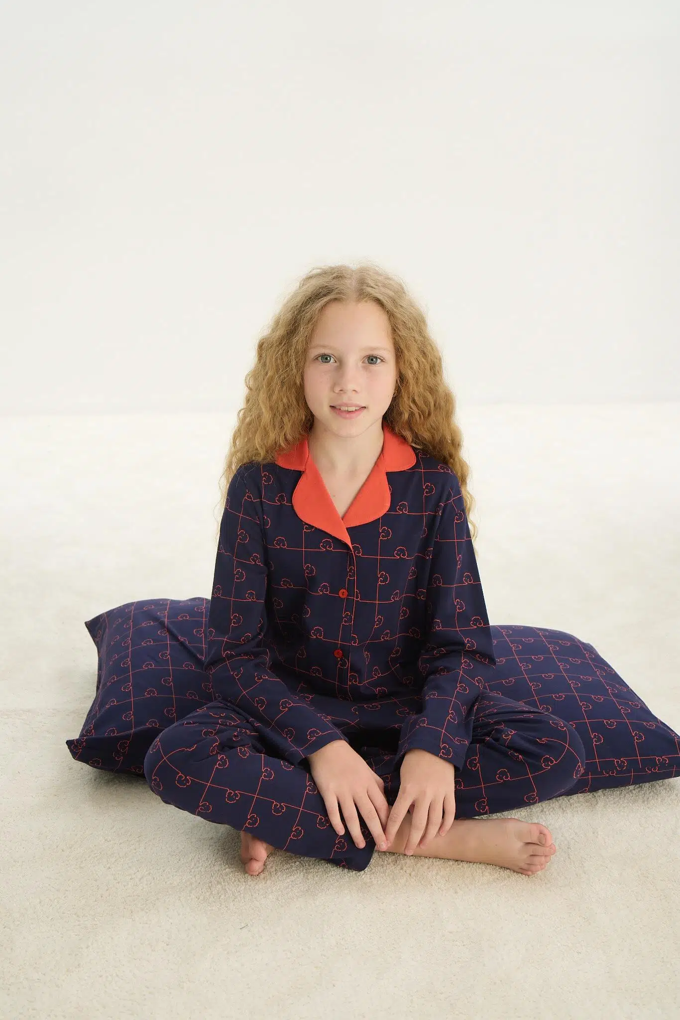 ZEYZEY 8710 Kız Çocuk Yakalı Önden Düğmeli Uzun Kol Pijama Takım - LACİVERT