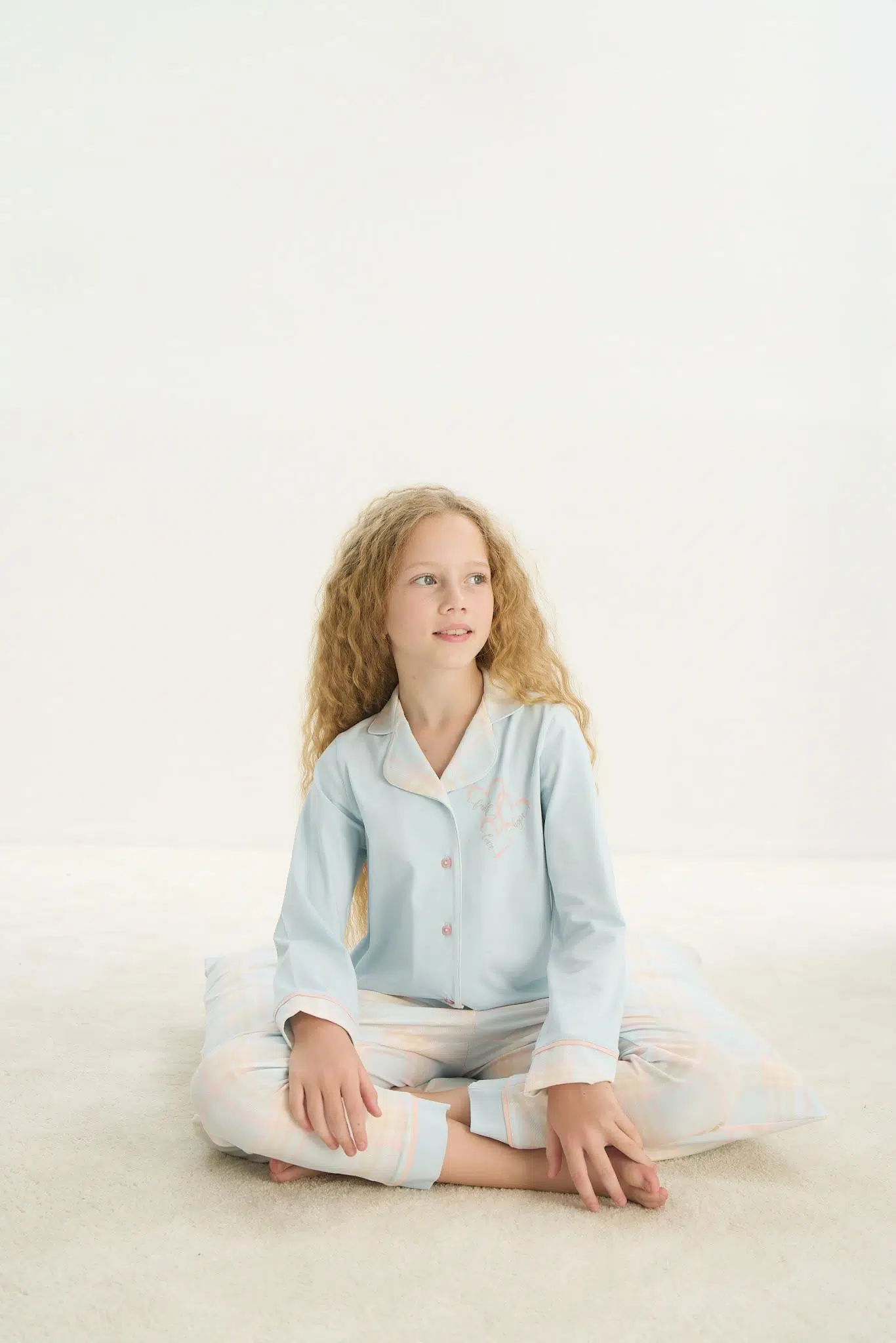 ZEYZEY 8753 Kız Çocuk Önden Düğmeli Uzun Kollu Pijama Takım - MAVİ